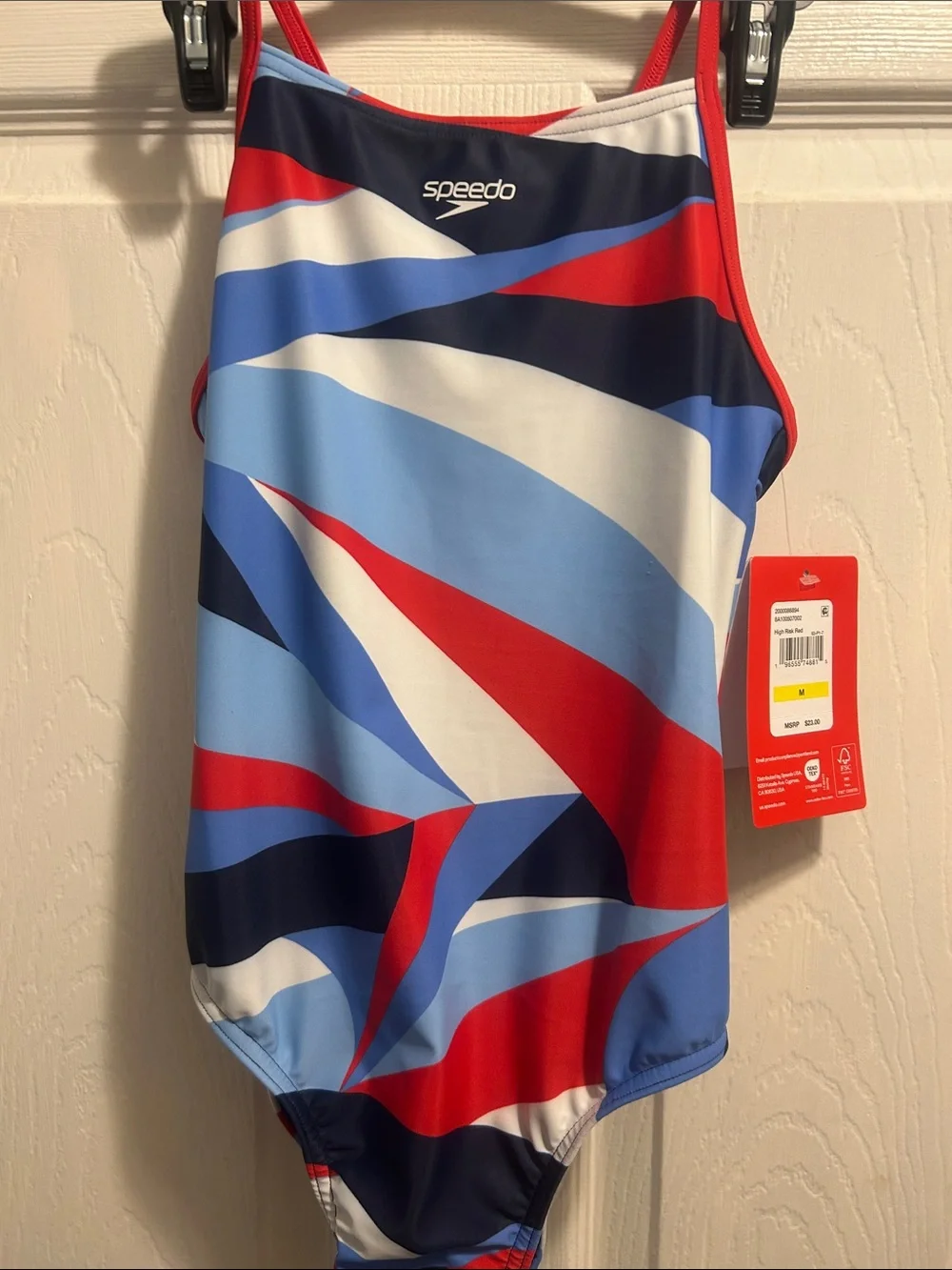 Speedo Girls Red, Light Blue, Navy & White Geometric One-Piece Swim Suit